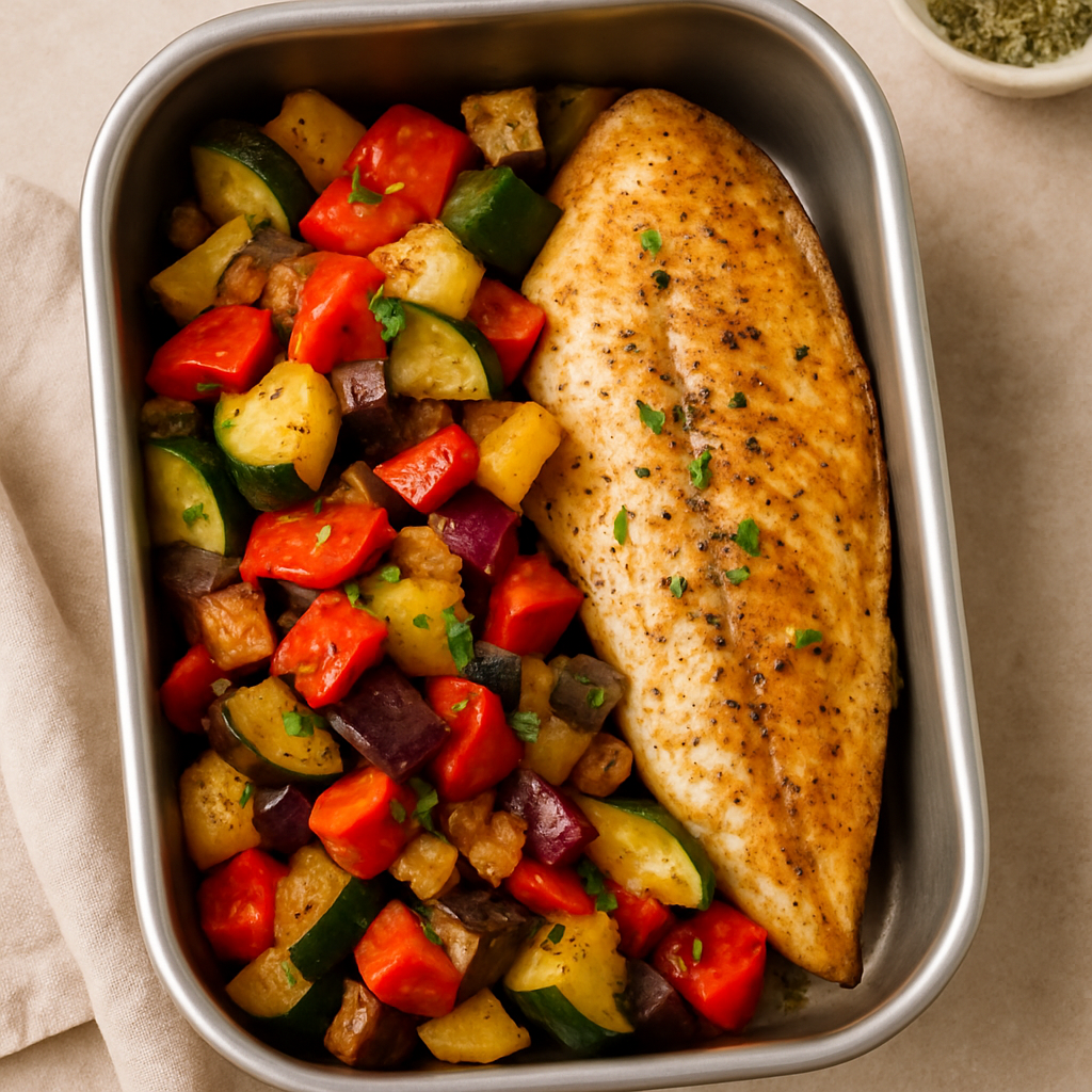 Marmita de Tilápia Assada com Ratatouille de Legumes Low Carb